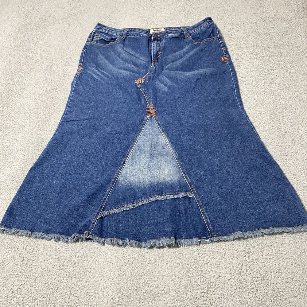 Vintage No Fuze Denim Maxi Skirt Womens 20 Blue Long Frayed Boho Western Y2K
